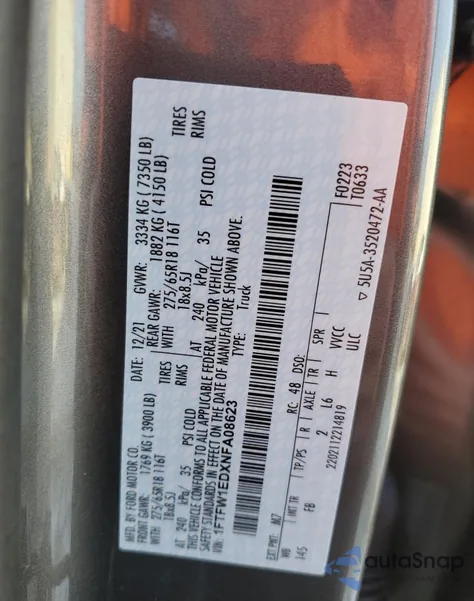 2022 Ford F150 Supercrew из США, поврежденный, VIN 1FTFW1EDXNFA08623